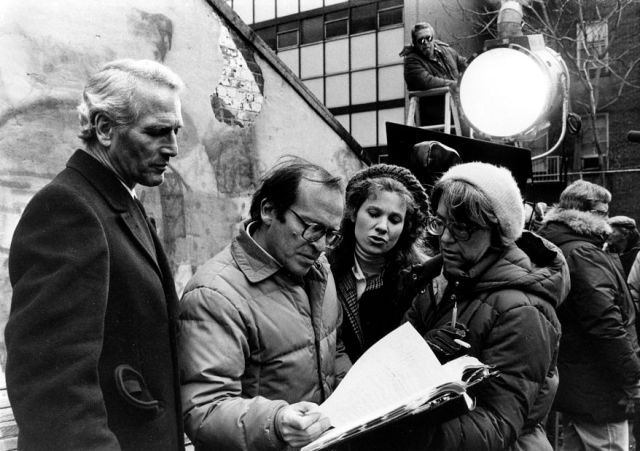 Paul Newman, Sidney Lumet, Lindsay Crouse (left to right), shooting "The Verdict" 1982